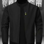 Manfinity Homme جاكيت بومبر قماشية سوداء للرجال مع أكمام طويلة عادية وإغلاق بسحاب للارتداء اليومي ، الخريف