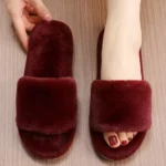 أحذية نوم نسائية باللون الأحمر موضة الخريف/الشتاء، أحذية منزلية فرائية بسيطة، عيد الميلاد