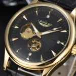 LONGLUX ساعة يد ذاتية التعبئة ميكانيكية للرجال بحزام جلد، ساعة كاجوال مقاومة للماء قطعة واحدة