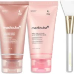 medicube Pink Glow Wrapping Mask Duo: Collagen Overnight Wrapping Peel Off Facial Mask Pack and PDRN Caffeine Overnight Wrapping Peel Off Facial Mask and brush