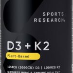 Sports Research® Vitamin D3 + K2 w/ Coconut Oil - Vegan Vitamin D 5000iu & Mk7 Vitamin K 100mcg for Bone & Immune Support - Vegan Certified · Non-GMO · Soy Free - 60 Softgels