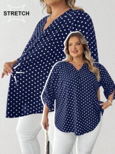 SHEIN CURVE+ قميص كاجوال للنساء ذوات الحجم الكبير مطبوع بنقاط مع ياقة مفصلة وأكمام قابلة للطي