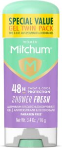 Mitchum Women’s Antiperspirant Deodorant Gel Stick, Shower Fresh Scent, 48HR Sweat & Odor Protection, Triple Odor Defense, Alcohol-Free, 3.4 oz (Pack of 2)