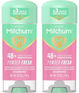 Mitchum Women’s Antiperspirant Deodorant Gel Stick,Powder Fresh Scent,48HR Sweat & Odor Protection,Triple Odor Defense,Alcohol-Free,3.4 oz,(Pack of 2)