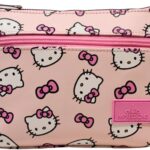 Impressions Vanity Hello Kitty Double Zipper Makeup Pouch for Women, Hello Kitty Printed Artwork, Makeup Bag for Travel with Polyester Lined Interior, Slip Pockets, and Gold Hardware Makeup Pouch