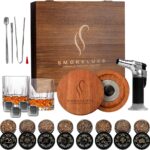 Whiskey Smoker Kit with 8 Wood Chip Flavors - Premium Bourbon Smoker Kit Set with Glasses, Stainless Steel Ice Cubes, Refillable Torch Lighter & Custom Wood Box - Birthday Gifts for Men