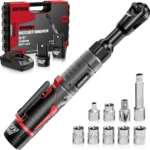 Alloyman 3/8" Cordless Ratchet Wrench Set, 60FT-LBS(80N.m) Electric Ratchet, 12V Extended Power Socket Wrench Set with Variable Speed, 6 Sockets, LED Light, 1/4" Adapter,1/2" Adapter,2 Batteries