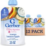 Gerber Toddler Food, Baby Food Pouches for Toddlers, Mango Banana Apple, Fruit Puree, Yogurt & Whole Grains, Fiber Helps Support Healthy Digestion, No Artificial Flavors, 3.5oz each (Pack of 12)