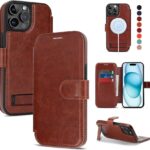 for iPhone 15 Pro Max Wallet Case with Stand,PU Leather Flip Credit Card Holder Slots (RFID Blocking),Compatible with Magsafe Magnetic Holder Phone Cover Women Men,Dark Brown